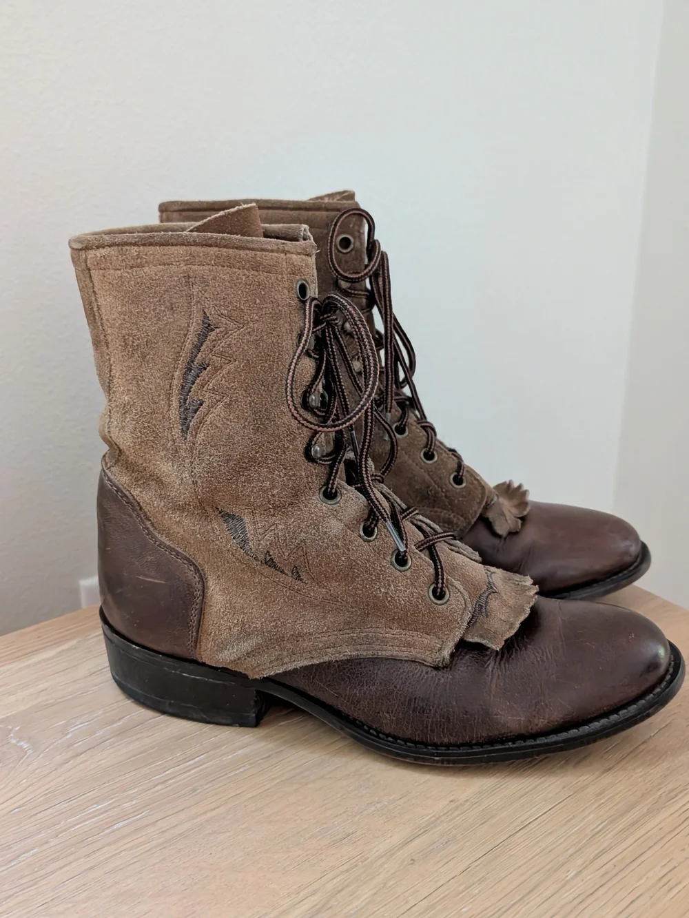 Vintage 80's Leather Southwestern Embroidered Lace Up Fringe Heel Boots - 7.5
